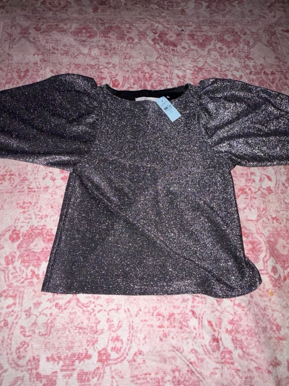 LOFT Metallic Puff-Sleeve Top - Black with Silver Sparkle